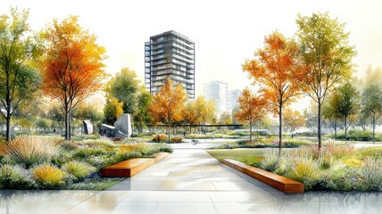 A serene park setting with colorful trees and modern buildings.