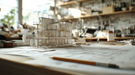 Realistic close-up of freehand architectural designs in progress, with a focus on the pencil and the sketch detailed floor plans. The high-definition image shows the architectural workspace,