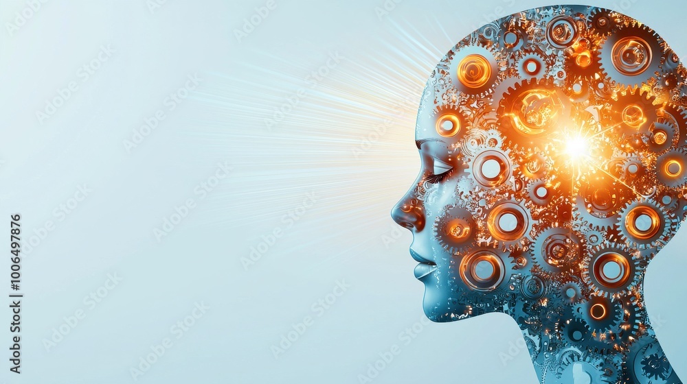Poster mindful gears in motion: a series of gears in the shape of a human head, turning and interlocking wi