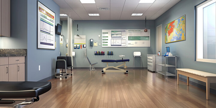 Physical Therapy Room Wall: Featuring exercise demonstration posters, rehabilitation plans, and a board with patient progress notes