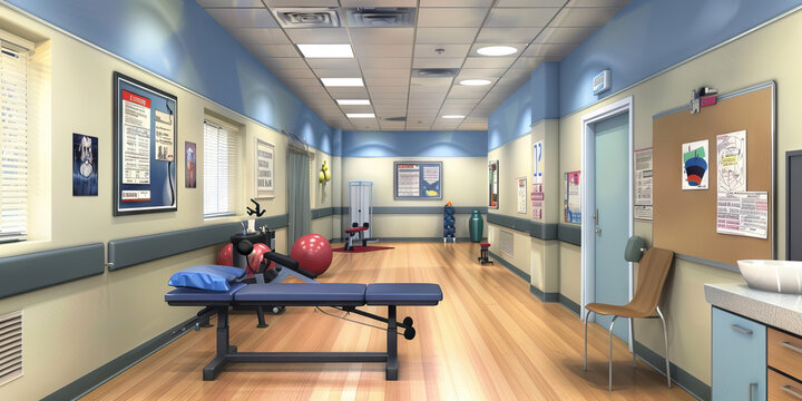 Physical Therapy Room Wall: Featuring exercise demonstration posters, rehabilitation plans, and a board with patient progress notes