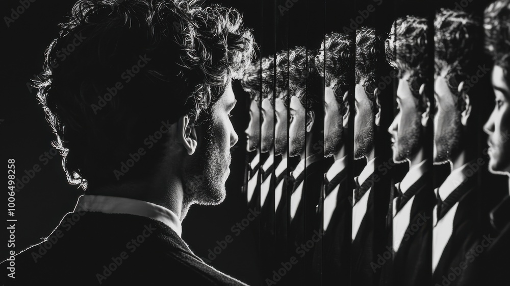 Poster mirror of actions: a person looking into a series of mirrors, each reflecting an image of the same p
