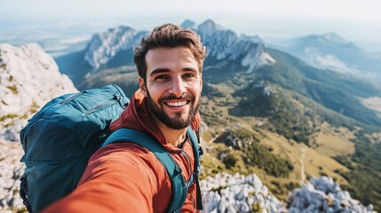 Naklejka premium Happy Hiker in Scenic Mountain Landscape