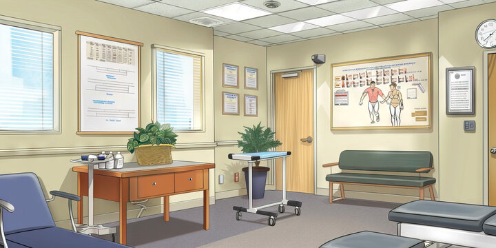 Physical Therapy Room Wall: Featuring exercise demonstration posters, rehabilitation plans, and a board with patient progress notes
