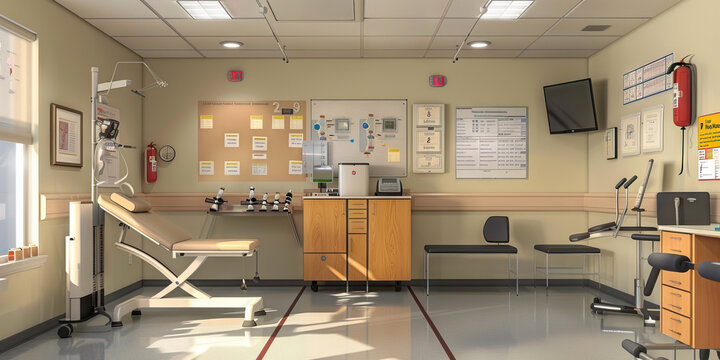 Physical Therapy Room Wall: Featuring exercise demonstration posters, rehabilitation plans, and a board with patient progress notes