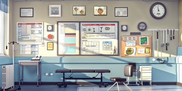 Physical Therapy Room Wall: Featuring exercise demonstration posters, rehabilitation plans, and a board with patient progress notes