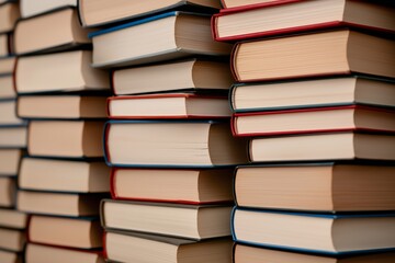 A large stack of hardcover books with beige pages and red, blue, and gray spines, tightly arranged