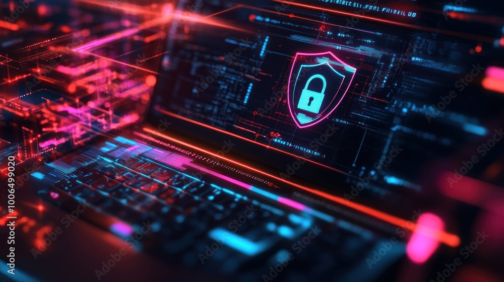 Poster digital representation of a laptop screen showing a futuristic glowing shield symbol with a padlock 
