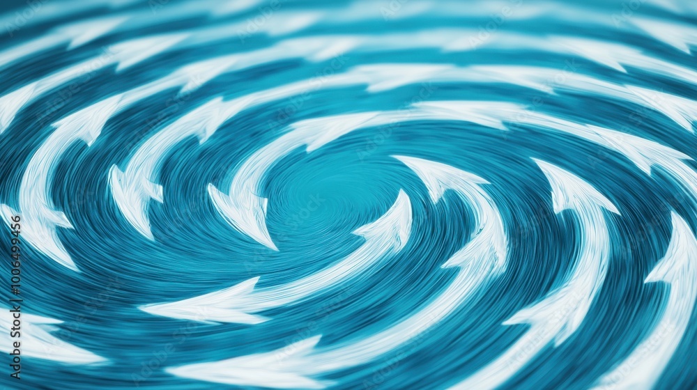 Poster multiple arrows spiraling upwards, merging into a single point, symbolizing the convergence of team 