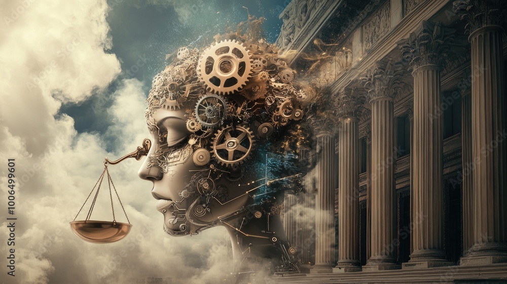 Poster a conceptual image showing a human head filled with gears and circuits, merging into the scales of j