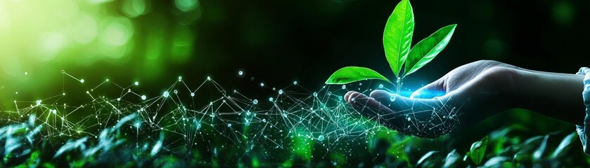 Hand holding a green sapling, vibrant green background.