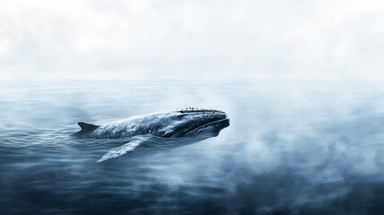 Obraz premium Ethereal Gray Whale Surfaces in Tranquil Ocean Mist
