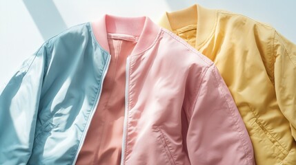 A lightweight men's bomber jacket in pastel shades, laid flat on a bright white surface, perfect for summer casual style