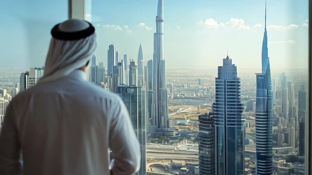 Arab businessman wearing Saub (kandora) standing by the large window in a tall building in the office and looking at the big city outside the window, rear view
