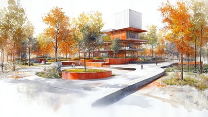 Modern architectural design integrated with nature in autumn.
