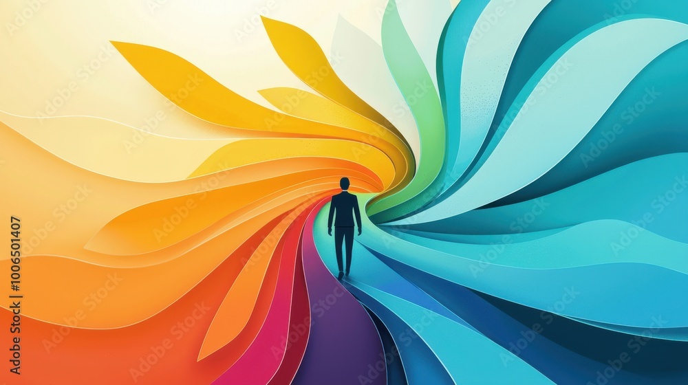 Poster path of personal growth: a human figure walking down a path that splits into many directions, with e