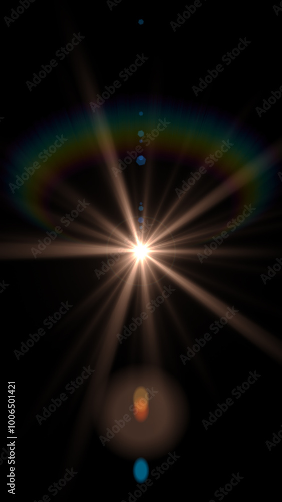 Wall mural a bright spike ball light source creating a starbust effect with colorful bokeh lights, rainbow iris