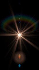 A bright spike ball light source creating a starbust effect with colorful bokeh lights, rainbow iris and hoop effects. Abstract background. Copy space, space for text. Vertical