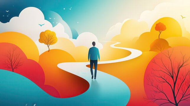 Pathway of Choices: A figure walking down a path that splits into multiple abstract roads, with each path leading to different learning experiences and personal growth