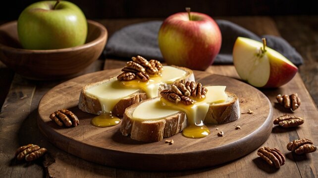 Crostini appetizers with red apples, brie cheese and walnuts. Side view table scene with a dark background. Party food concept. - Powered by Adobe