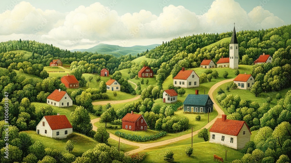 Poster Peaceful Village in a Lush Green Valley