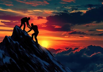 Fototapeta premium Climbers Conquering the Summit: A Stunning Sunset Adventure in the Mountains