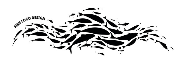 Decorative large school of fish. Black flock of fish. Logo template. Vector illustration.