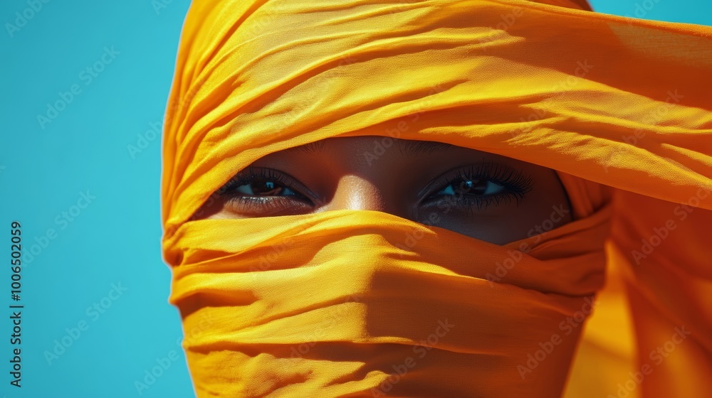 Poster A woman wearing a yellow scarf with her eyes closed