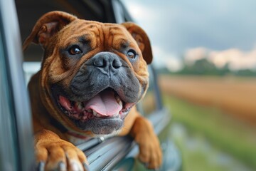 Happy dog looking out of a car window during a road trip