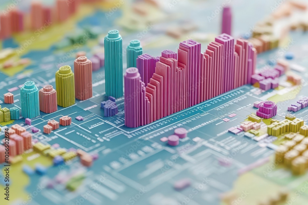 Aufkleber colorful 3d graph rising above a map, representing data visualization and trends in urban developmen