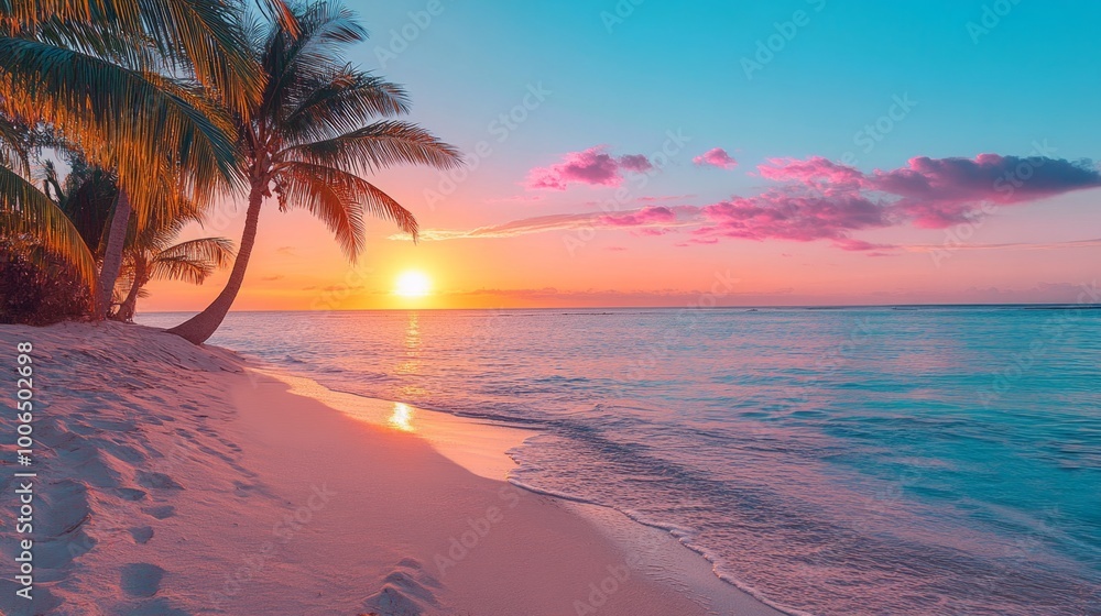 Poster a beautiful beach with a palm tree and a sunset in the background