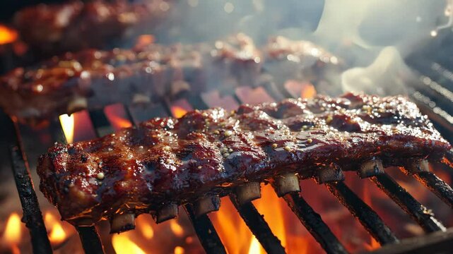 Roasted smoky BBQ ribs on the grill grate close up, slightly top view
