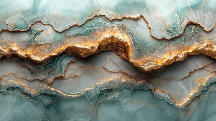 Fototapeta premium A smooth pastel green marble background with delicate golden veins flowing delicately, creating a peaceful and elegant look