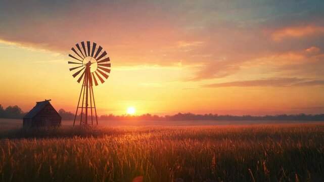 Classic retro blade windmill next to a wooden old house in a field with a beautiful sunset in the background, slow closeup
