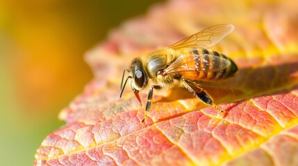 Macro Close-up of Bee Resting on Vibrant Autumn Leaf in Fall Season - Natural Beauty and Wildlife Concept