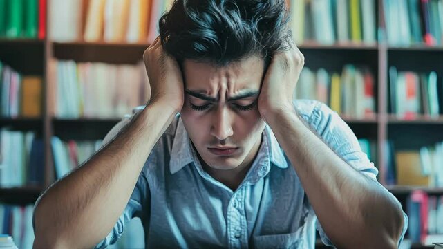 Desperate and sad young office worker with pile of documents on desk, supports his head and is sad close up. Theme of workload
