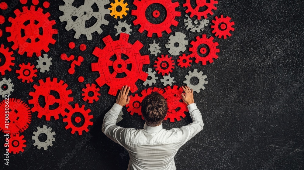 Poster problem-solving mindset: a figure surrounded by abstract gears and puzzles, each turning as the figu