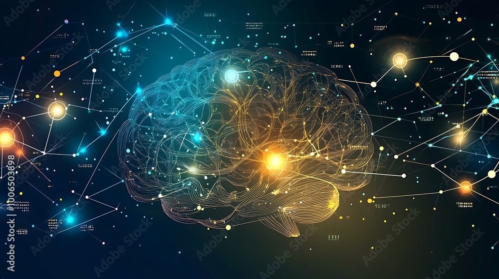 Poster digital brain network with connected nodes and glowing lights