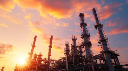 Expansive oil refinery complex at sunset, energy production, intricate network of pipelines, industrial landscape, vibrant sky with warm hues, clean and organized facility