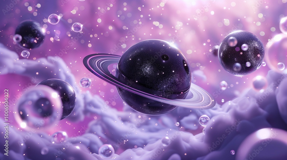 Poster space planets with soap bubbles 3d rendering image. imaginary cosmos scene with celestial bodies bac