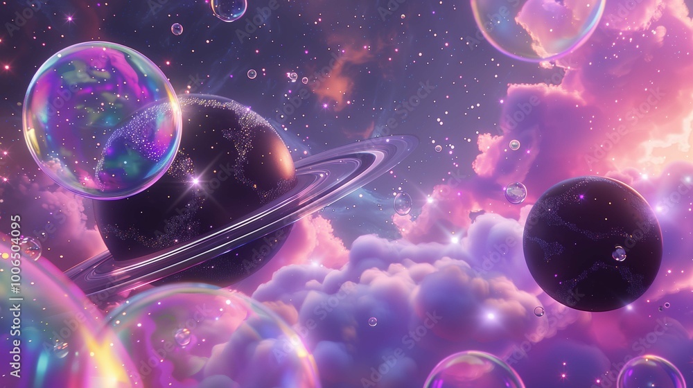 Poster soap bubbles, planets and clouds in outer space 3d rendering image. dreamlike world of deep cosmos b