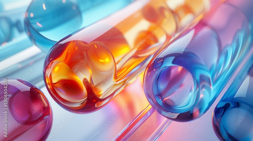 Poster multicolor fragile glass tubes 3d rendering image. decorative elements made of translucent plastic m