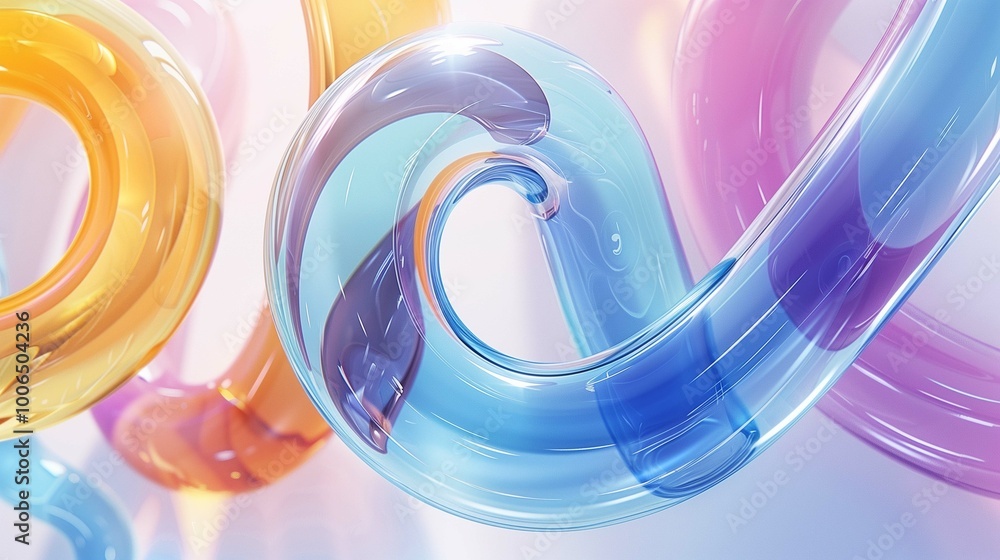Poster curved multicolor glass tubes 3d rendering image. abstract patterns with swirled clear plastic pipes
