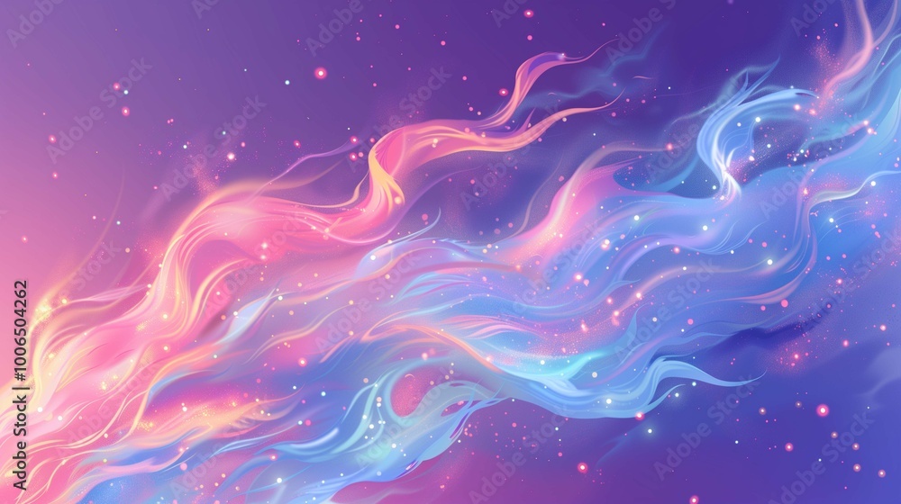 Poster mysterious light stream against starry sky background image. glowing gas flows in outer space flat c