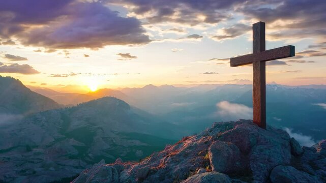 Majestic view of a wooden cross on top of the mountains at beautiful sunset or sunrise, timelapse
