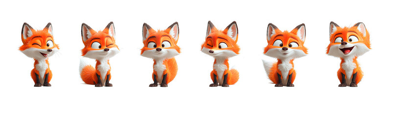 Fototapeta premium Cute Cartoon Fox in Different Emotional Poses on Transparent Background