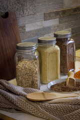Different types of cereals, Buckwheat, Oats, flax, lentils and millet.
