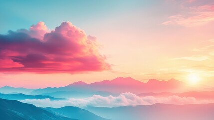 Obraz premium A breathtaking mountain landscape at sunrise, showcasing vibrant colors in the sky and gentle clouds. Perfect for nature lovers and travel enthusiasts.