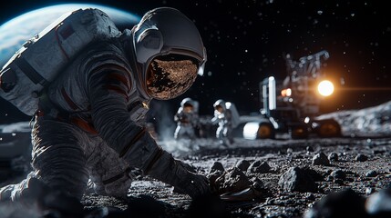 Group of astronauts mining valuable resources on the moon with Earth in the background
