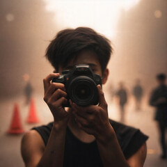  a young man holding a black camera, taking a picture of a group of people walking on a street.